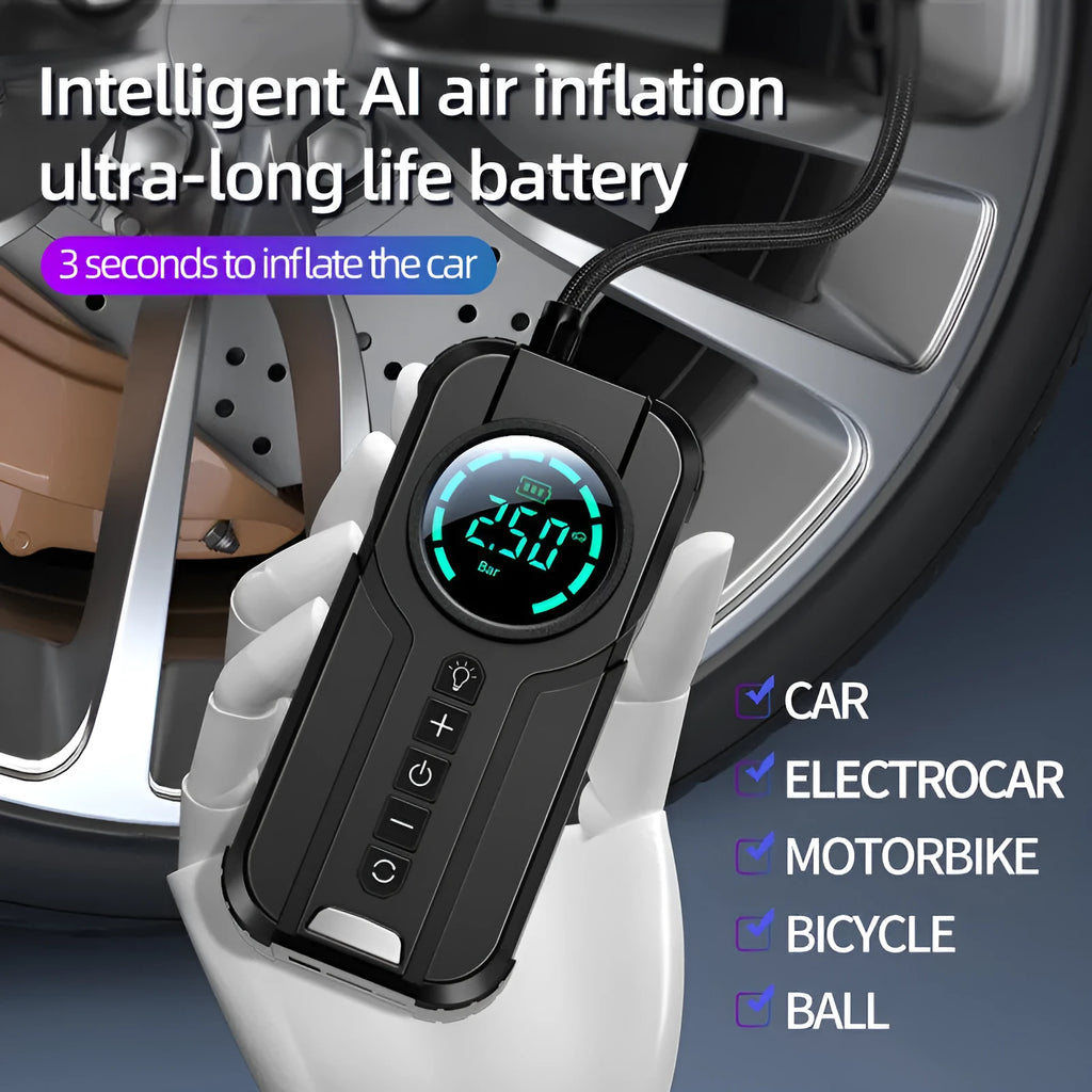 Portable wireless car air pump with 6000mAh battery, nozzles, and carry bag for tyre inflation