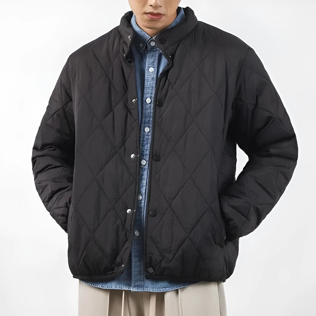Men's black diamond lattice winter jacket with lengthened 100cm cut and loose fit