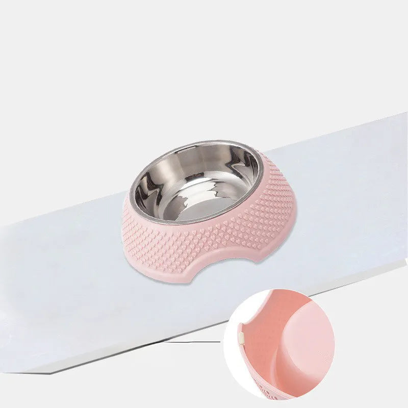 Stainless steel pet bowl with non-slip base in blue, green, and pink colour options
