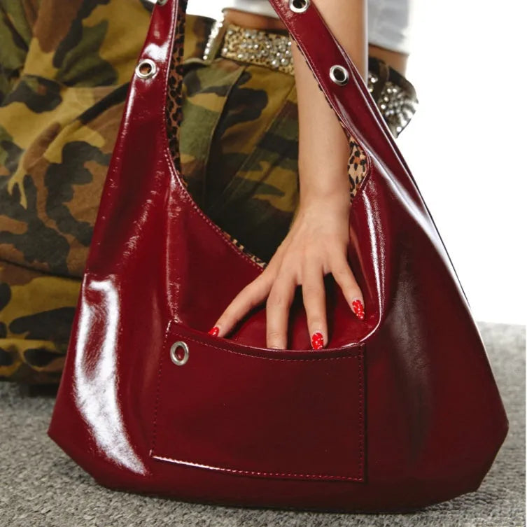 Red leopard print women's shoulder bag with retro dumpling shape and two-sided design