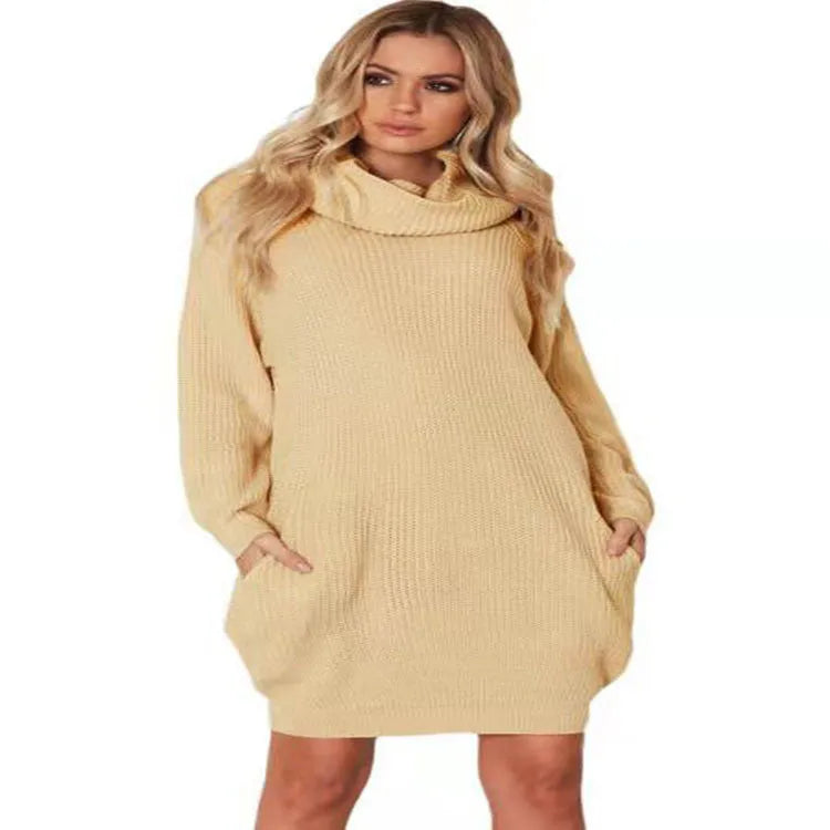 Mid-length apricot pullover sweater with a lapel collar, pocket, and loose slimming fit.