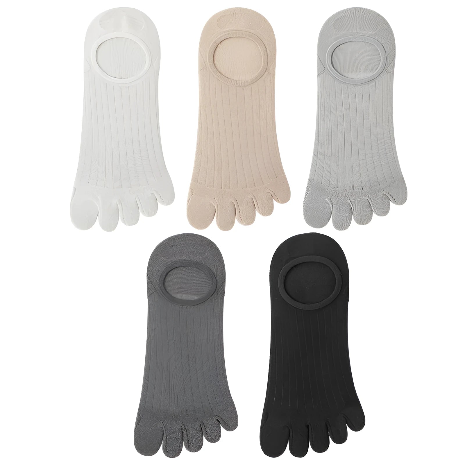 Men's modal five-finger invisible socks in white, shown on a foot with a low-cut shoe.