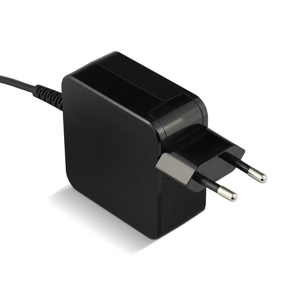 Black 45W laptop adapter with EU and US plug options showing DC connector