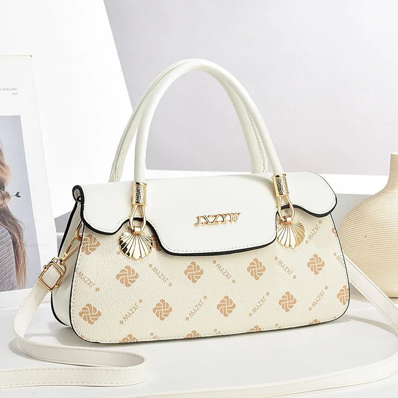 Vintage letter-printed women's cross-body handbag in brown PU with single shoulder strap and polyester lining