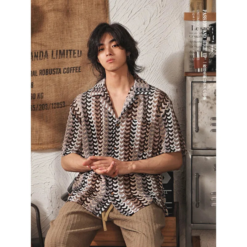 Grey or red Japanese-style Cuban collar short sleeve shirt with jacquard pattern, shown in slim fit.