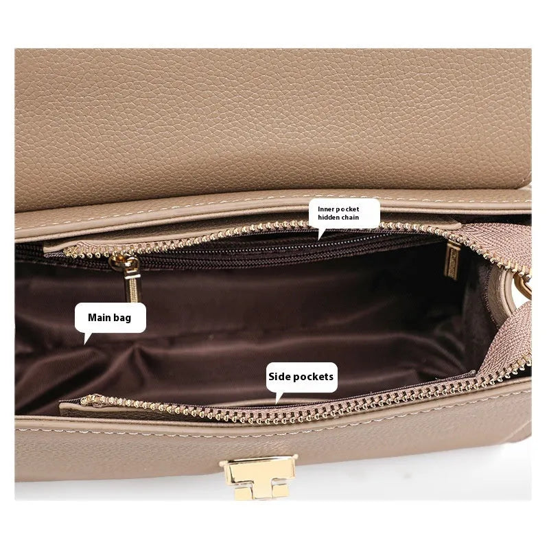 Elephant grey genuine leather handbag with litchi pattern texture and vintage lock hardware