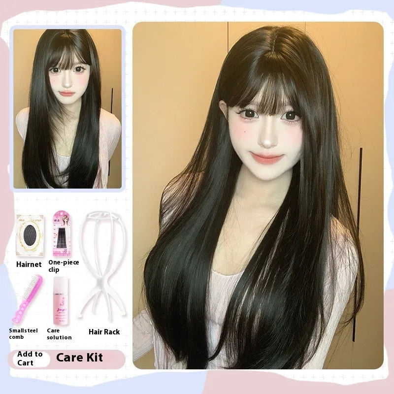 Dark brown long straight full-head wig with bangs for round face shapes