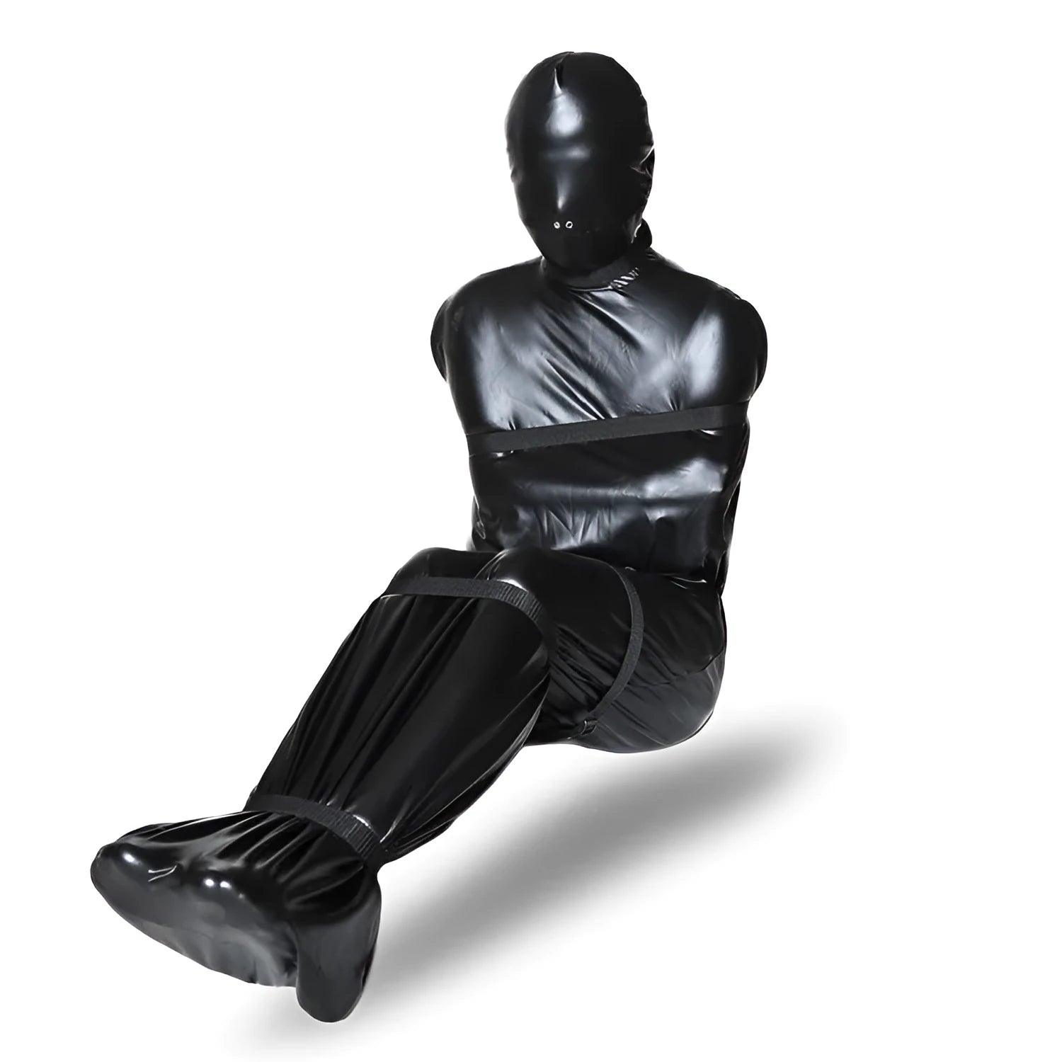 Black patent leather bondage set with nostril clothing and six ratchet tie down wraps