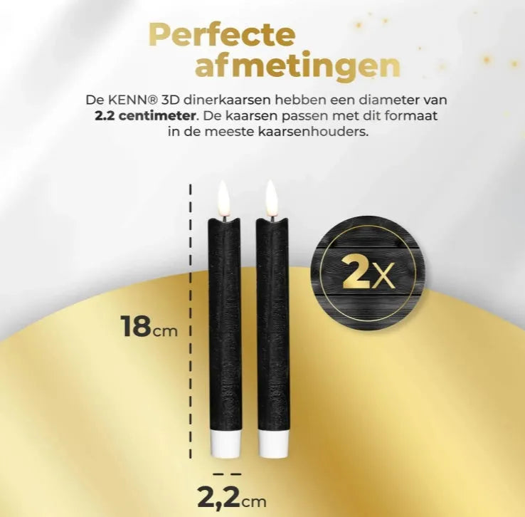 Black 18cm tall LED taper candle with realistic 3D flame effect