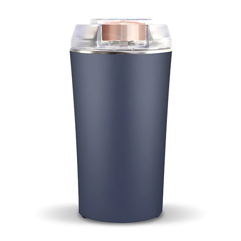Blue mini flour mill and grinder machine with stainless steel construction for grinding spices and grains.