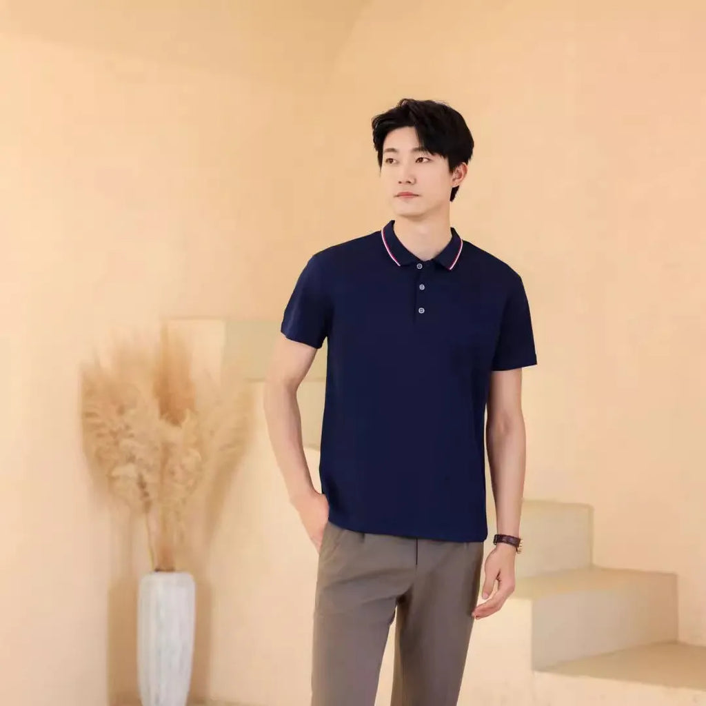 Men's and women's short sleeve work T-shirt in cotton blend with lapel collar, solid colour, front view