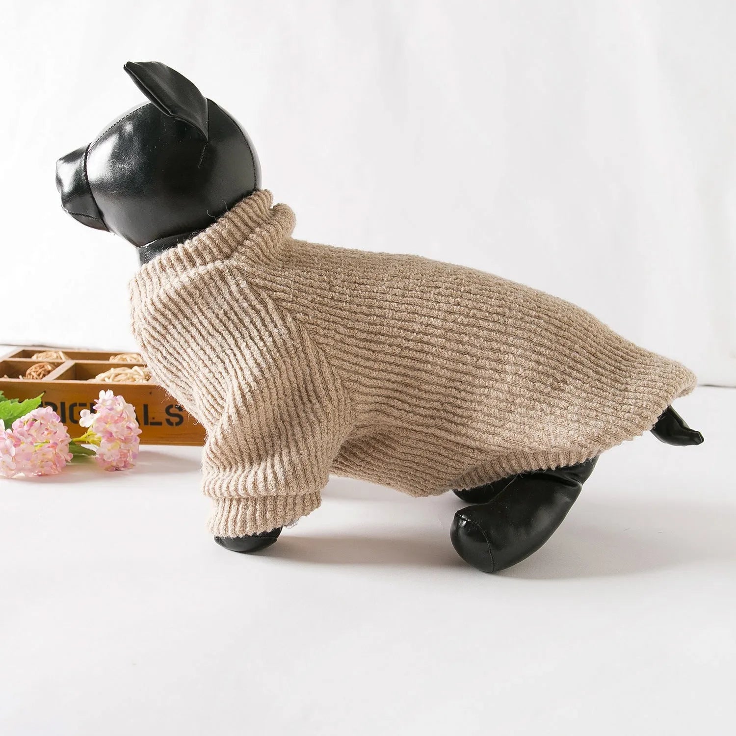 Brown cloth dog sweater pullover for small breeds on mannequin