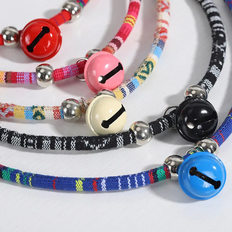 Adjustable ethnic pattern pet collar with metal bell for a cat or small dog