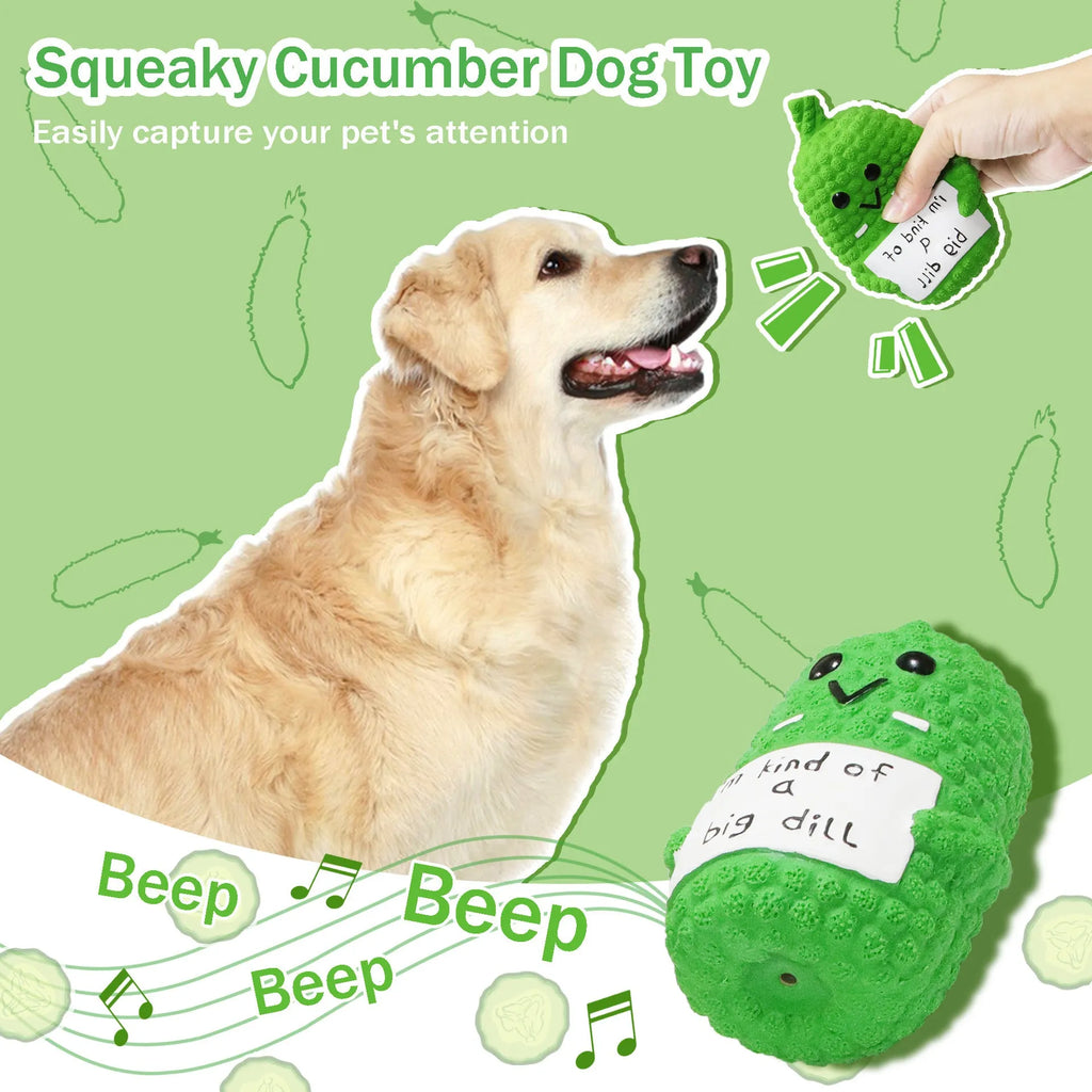 Green pickle-shaped squeaky dog chew toy with textured nubs on natural latex surface