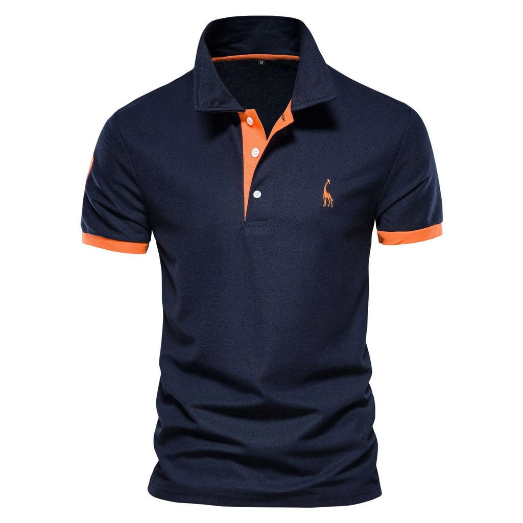 Men's slim fit embroidered short sleeve T-shirt on a hanger, showing front design.