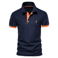 Men's slim fit embroidered short sleeve T-shirt on a hanger, showing front design.
