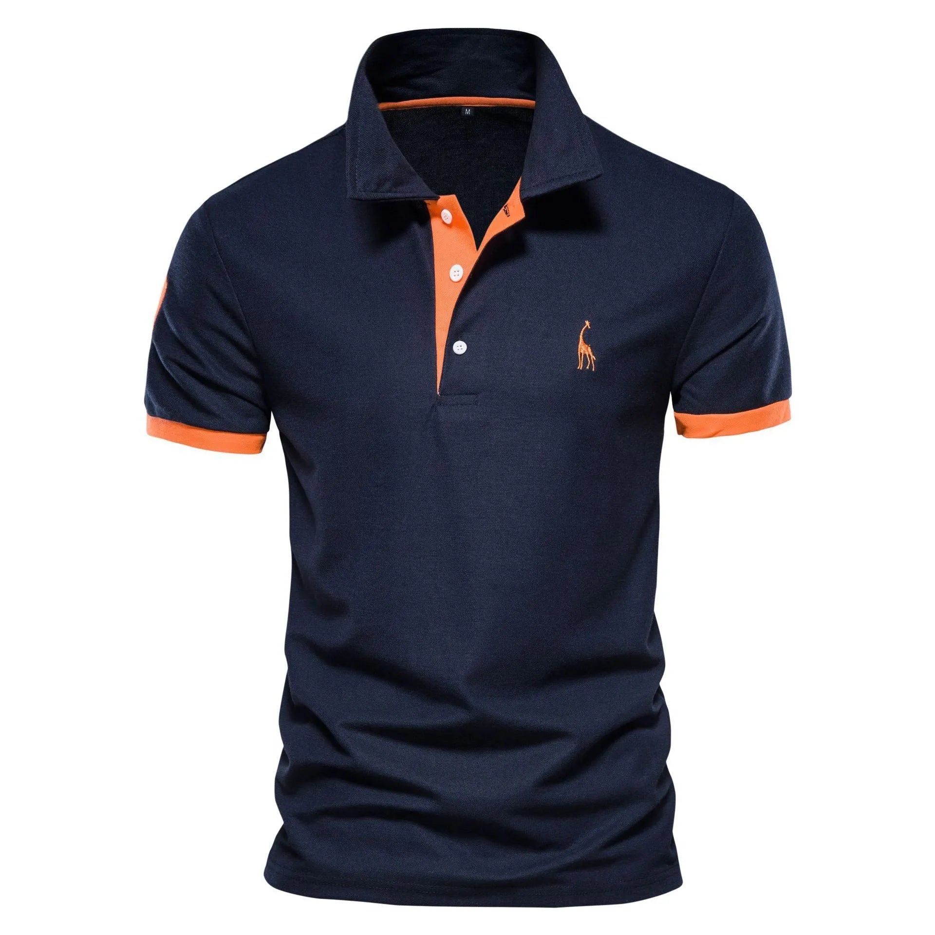 Men's slim fit embroidered short sleeve T-shirt on a hanger, showing front design.