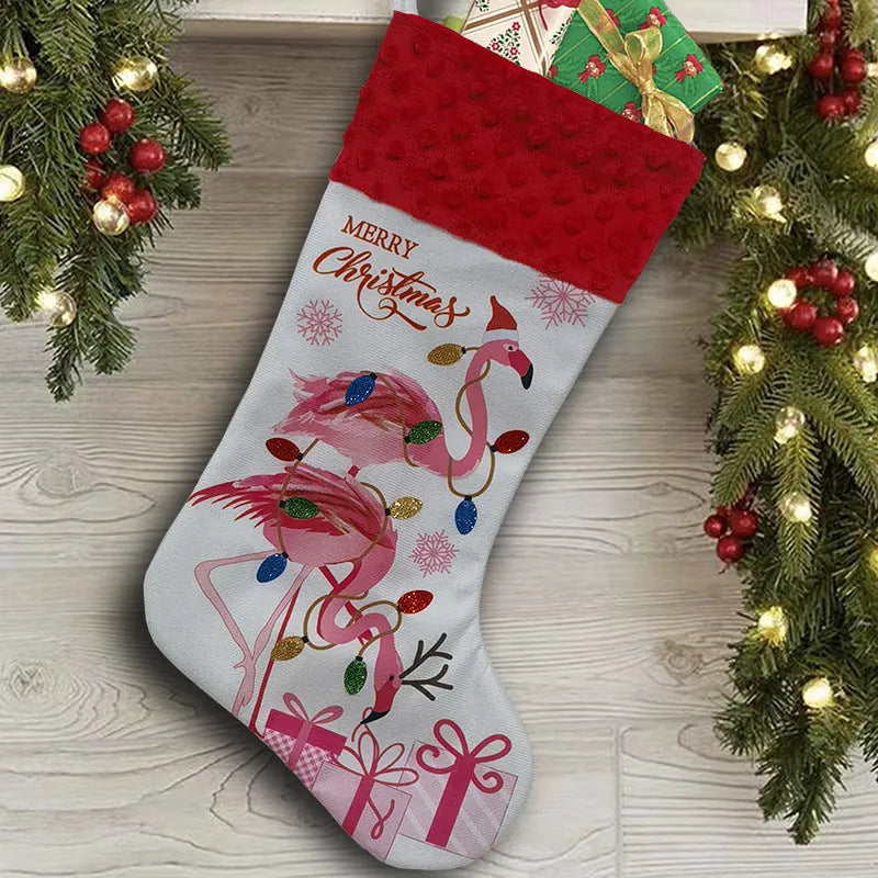 Flamingo Christmas stocking ornament in cloth fabric measuring 46cm by 28cm