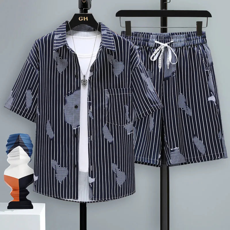 Men's casual polyester shorts and short sleeve top two-piece set in a neutral colour.
