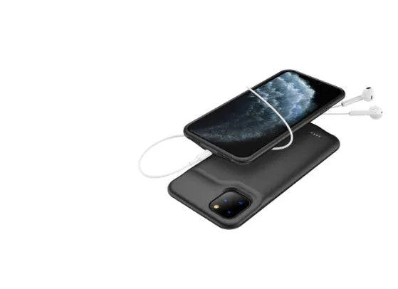 Shockproof silicone battery charger case for iPhone in black, blue, pink, or white, showing phone model compatibility.