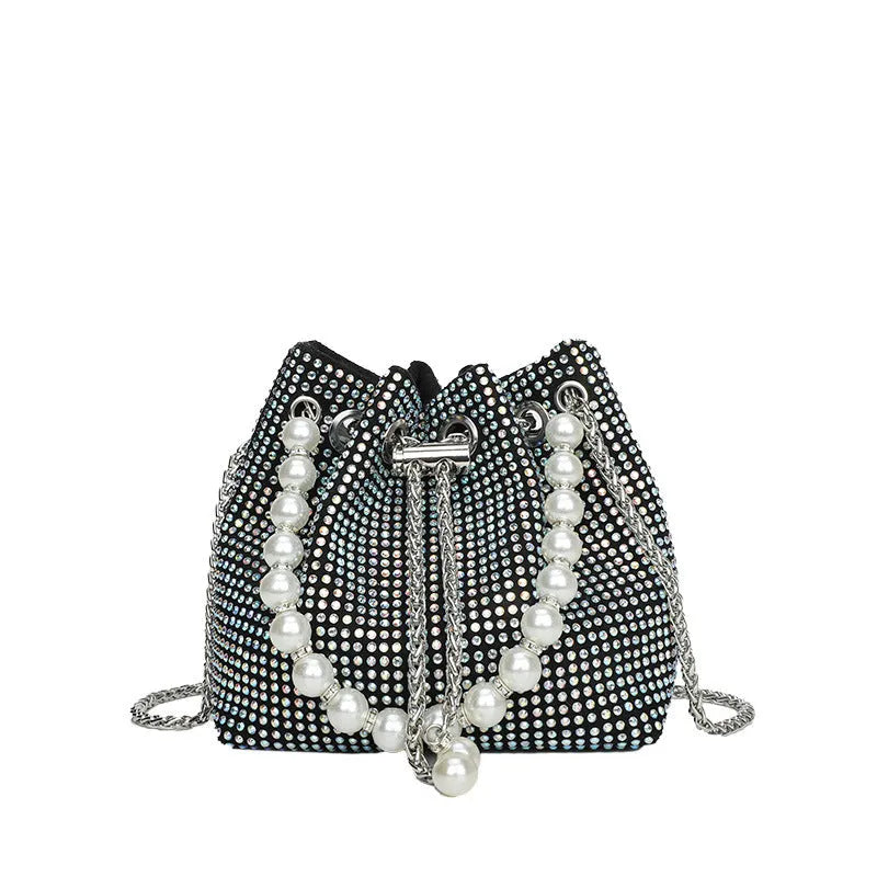 Diamond shoulder strap crossbody bucket bag in soft PU with chain detail and internal organisers