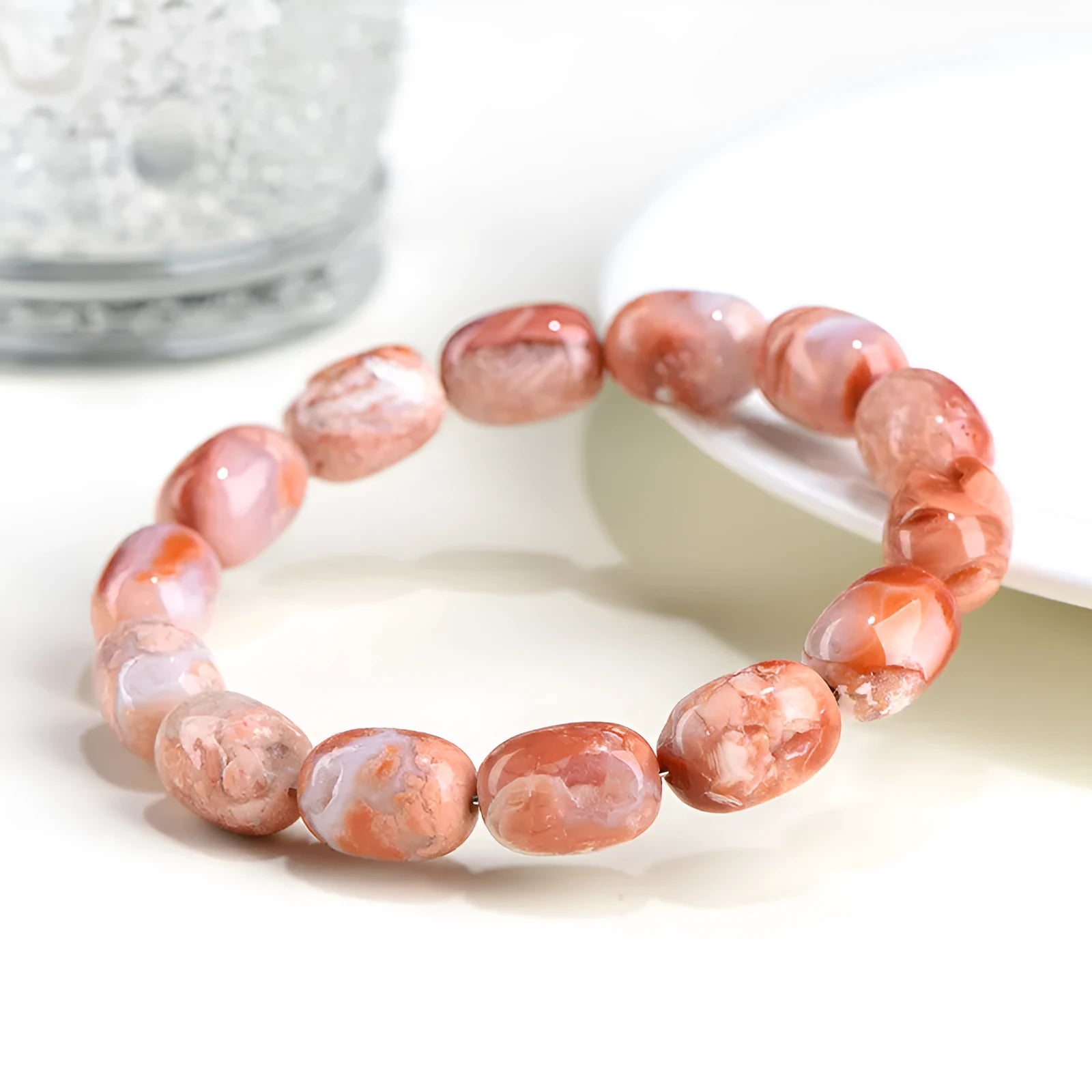 Natural cherry agate barrel bead bracelet with Ruyi design, 10x14mm beads on wrist