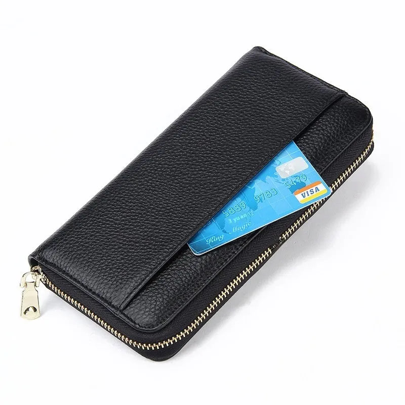Long genuine leather women's wallet in a choice of colours showing large capacity and card slots.