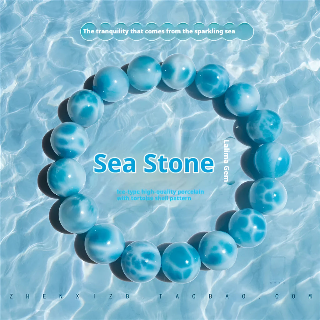 Blue bodhi bracelet with natural crystal sea-pattern stones and pearl accents