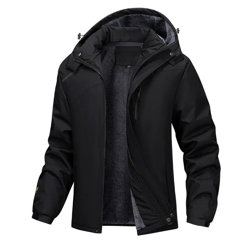 Men's plus size waterproof hooded coat in army green, shown on a model for fit.