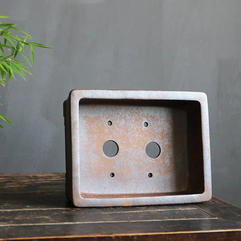 Purple sand rectangular bonsai pot with firewood burning decoration and five-line basin design