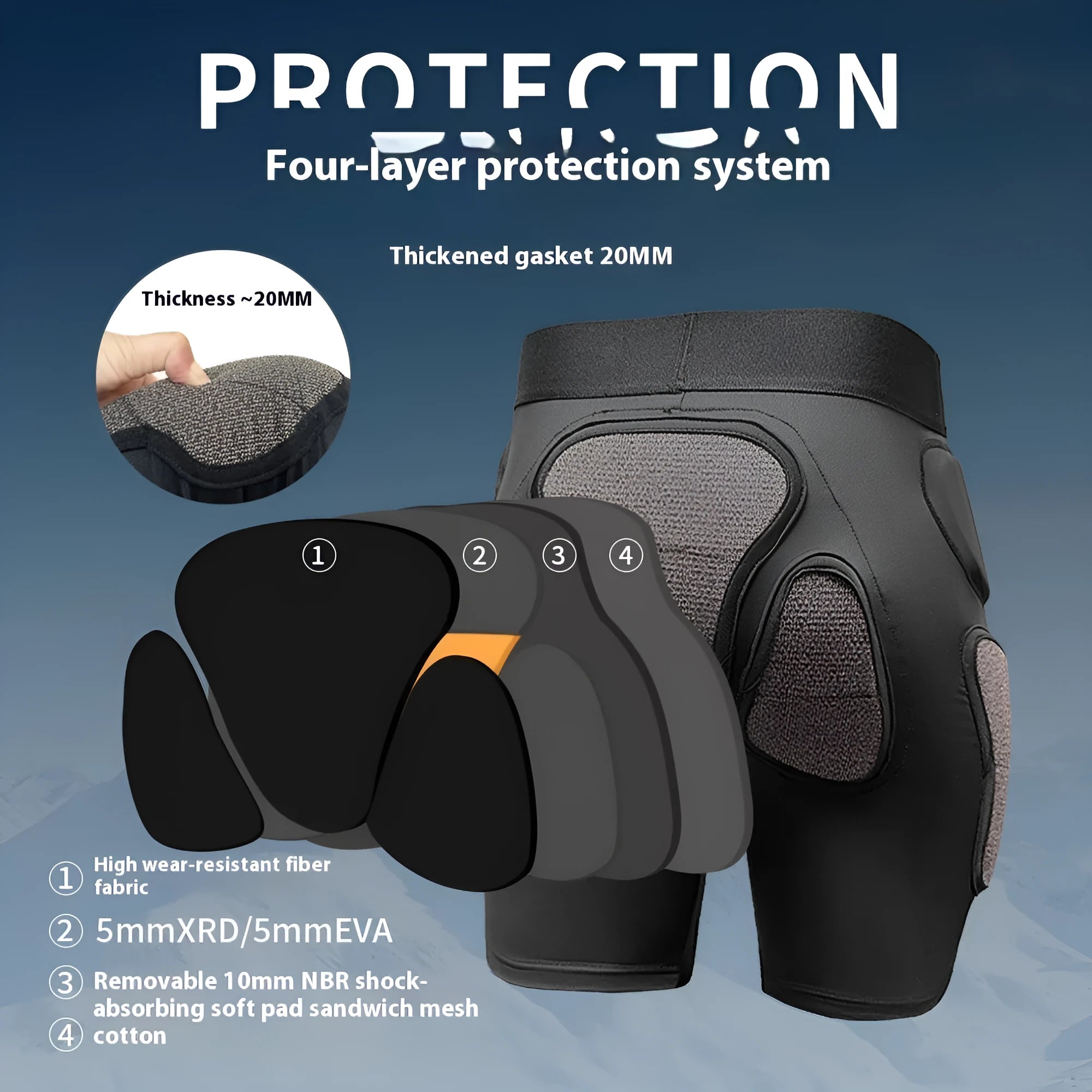 X-ray diffraction ski protective inner wear cushion pads for hips and knees in sizes S, M, L, XL.