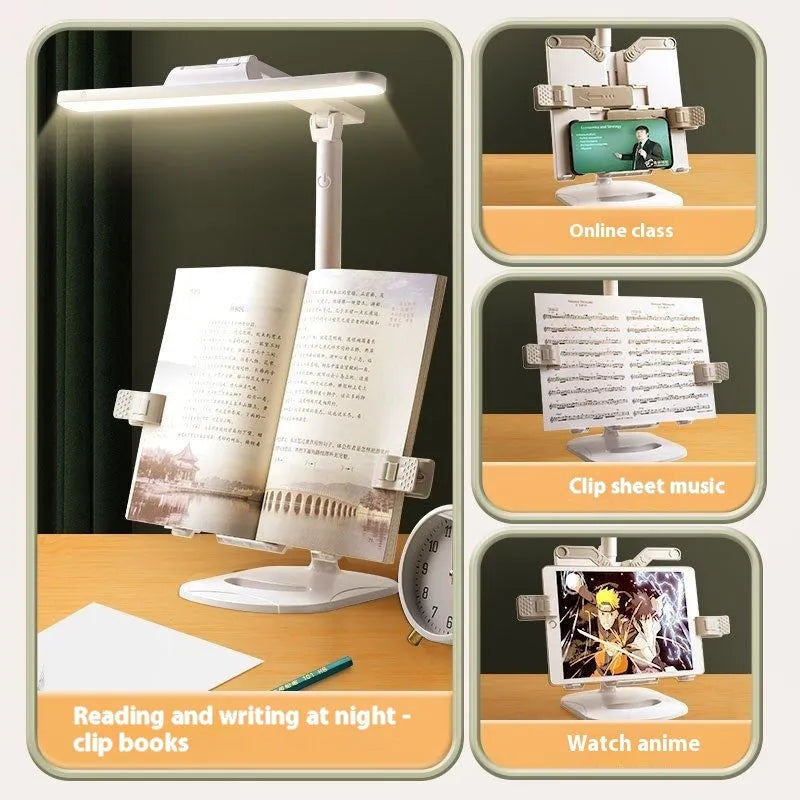 Adjustable desk lamp with a small attached shelf, showing three light temperature settings and a rechargeable battery.