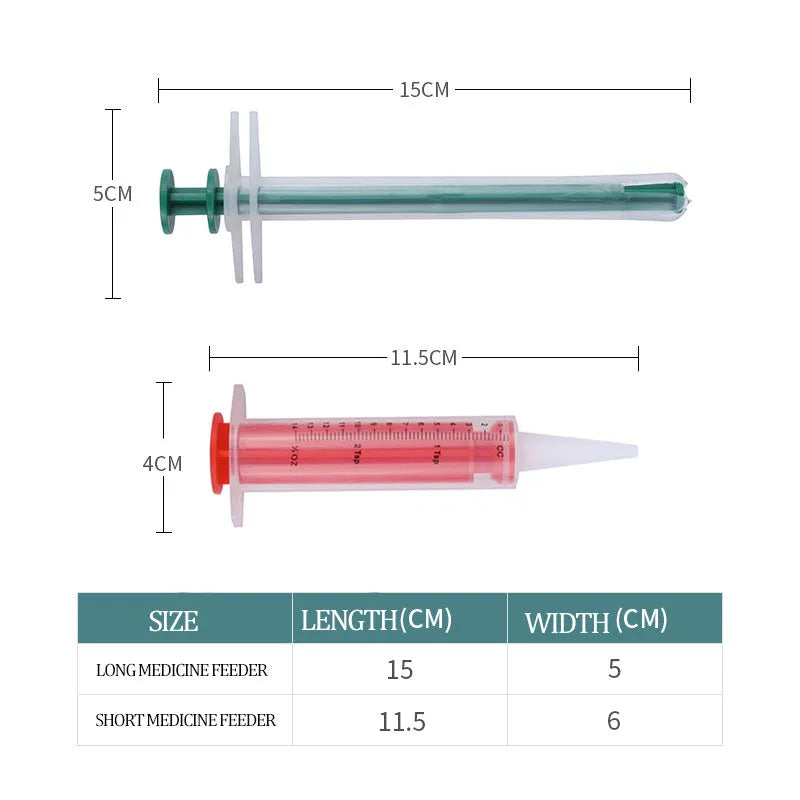 Two pet pill shooter syringes with soft silicone tips for administering medication to cats and dogs