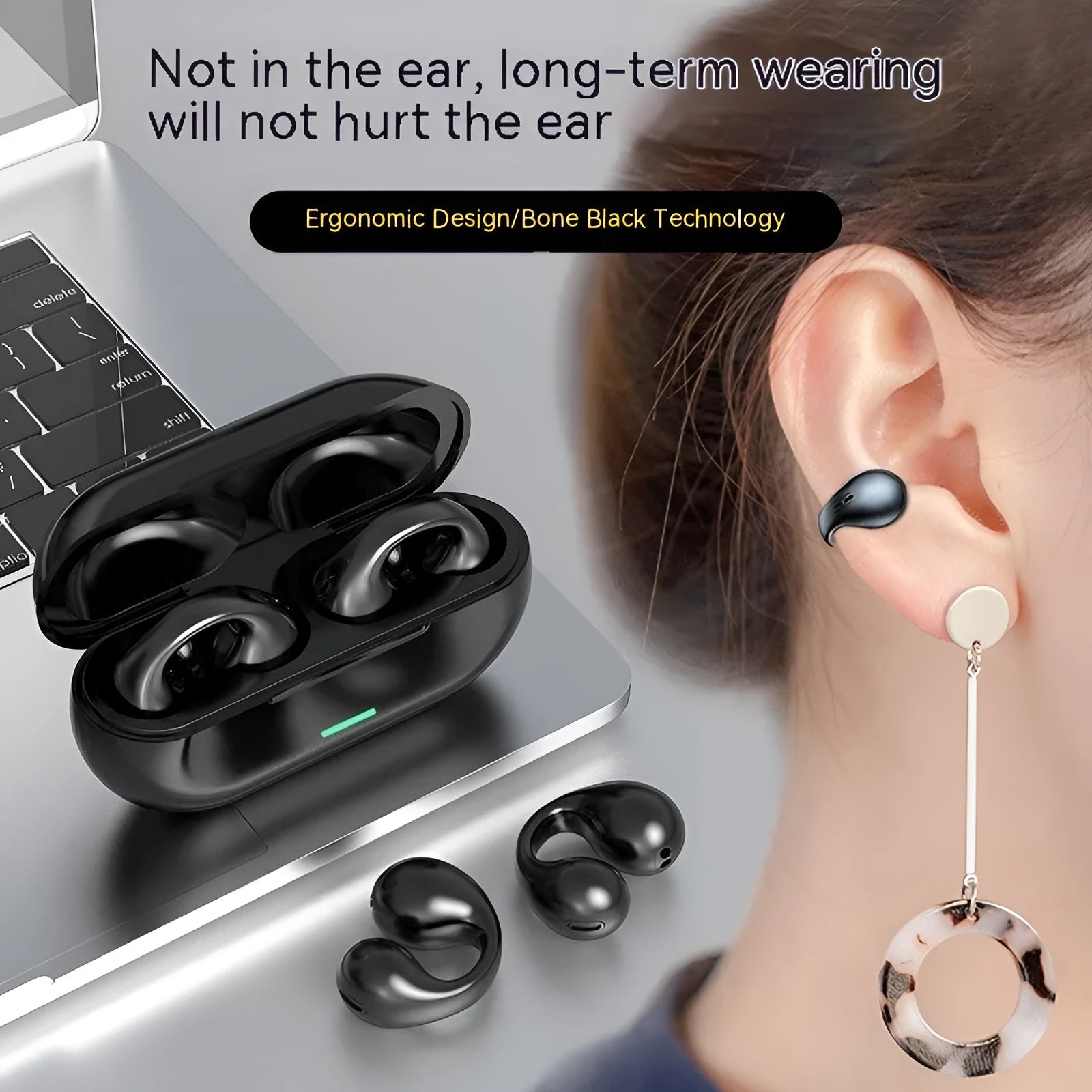Wireless Ear Clip Bluetooth Headset TWS Not In-Ear Sports Wireless Bone Conduction 5.3 Bluetooth Headset PC ABS Black White Waterproof Breathing Light Call Function Voice Control Support Music