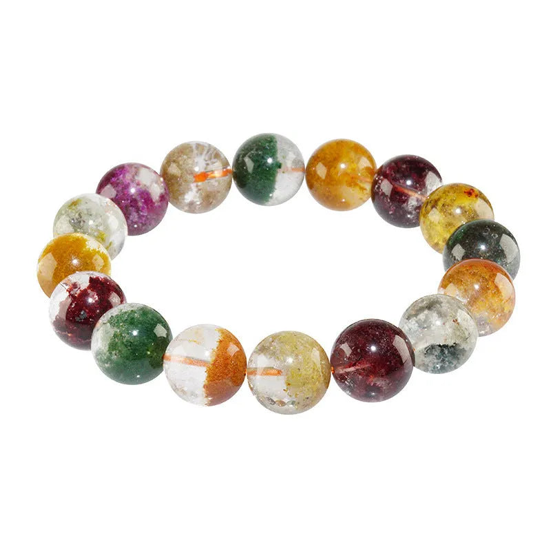 Ethnic style crystal bracelet with 10mm ball beads and colourful ghost cornucopia design.