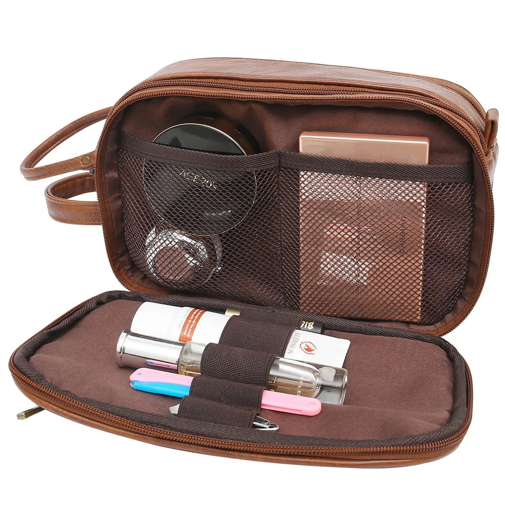 Men's black or brown PU toiletry bag for travel storage with solid colour design
