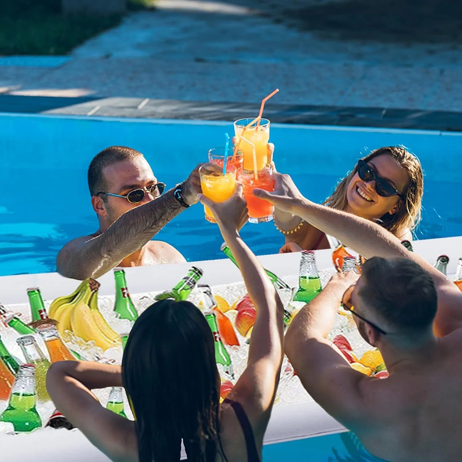 Inflatable ice bar serving station with cup holders and a yellow beer steins ice bucket for parties.