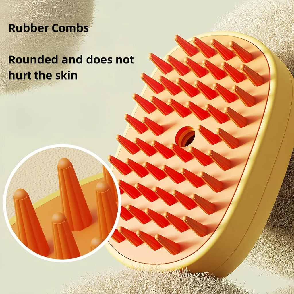 White rechargeable steam pet brush with rubber comb teeth and water tank for dog and cat grooming