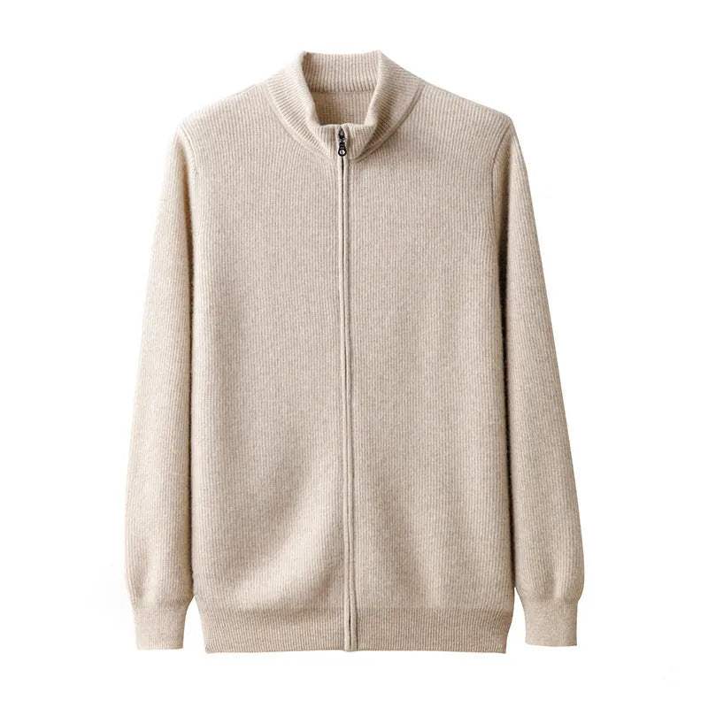 Men's cashmere round neck zip cardigan sweater in camel colour, long sleeves, winter wear