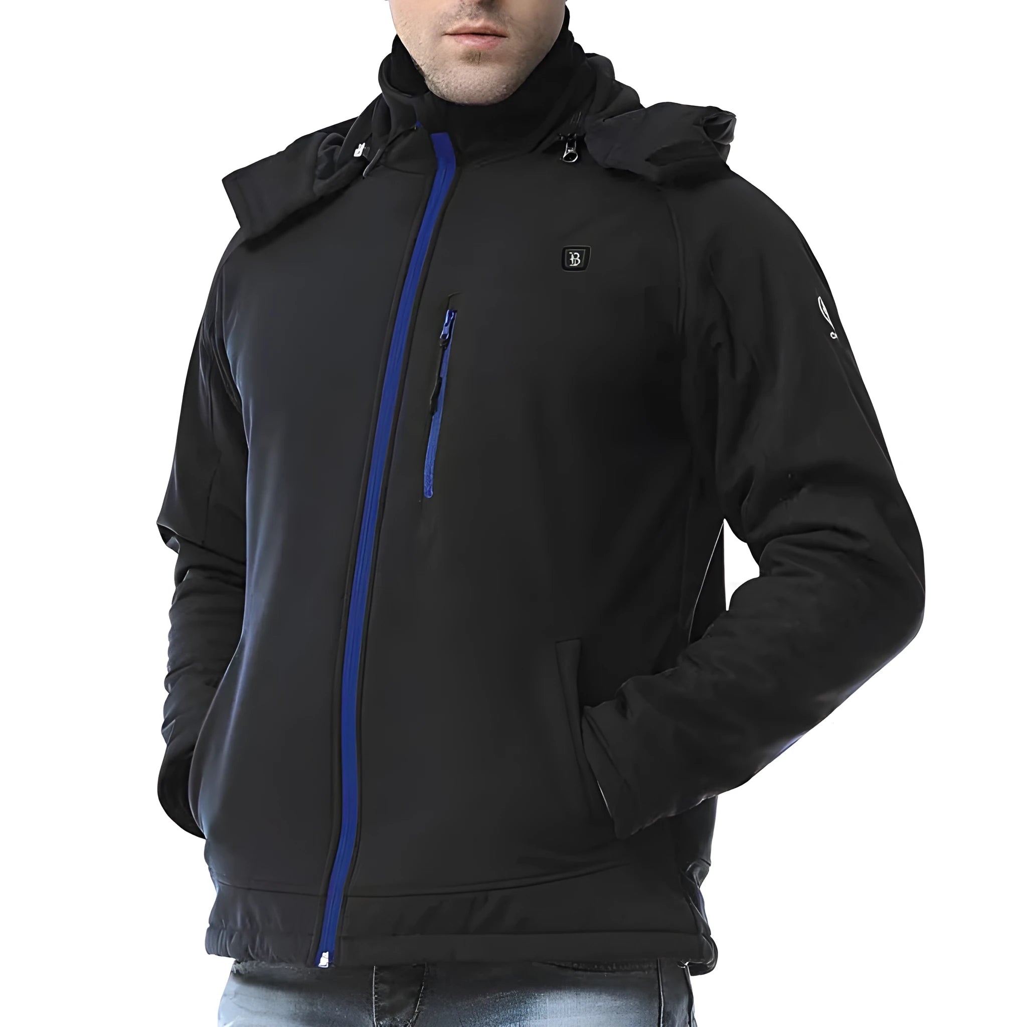 Black USB electric heated waterproof winter coat for men with zipper pockets and straight hem