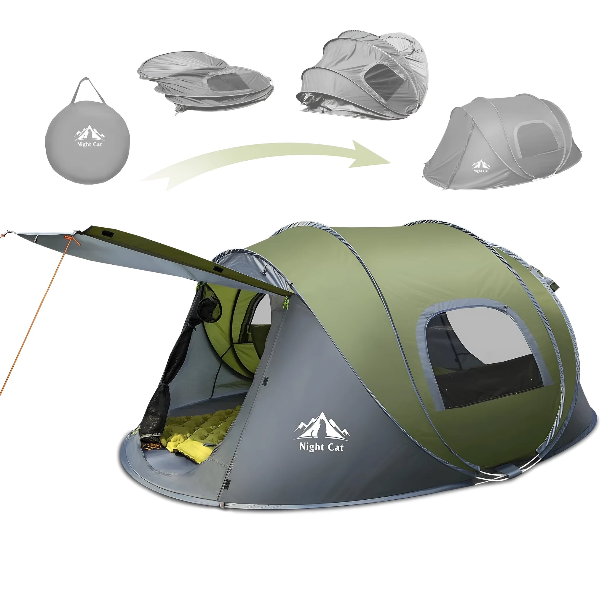 Dark green automatic pop up camping tent fully pitched in an outdoor setting