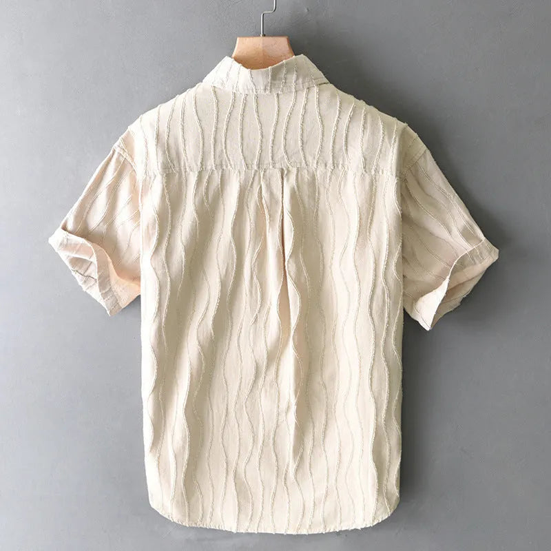 Men's apricot coloured pure cotton loose-fit casual summer shirt with short sleeves.