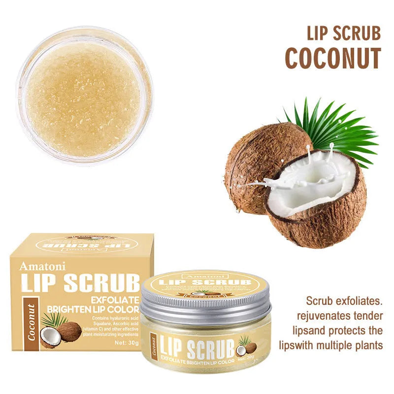 Amatoni fruit flavour lip scrub cream jar in 30g size, showing flavour options.