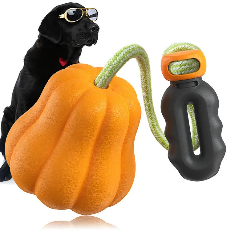 Orange plastic dog toy with rope attachment for outdoor throwing games
