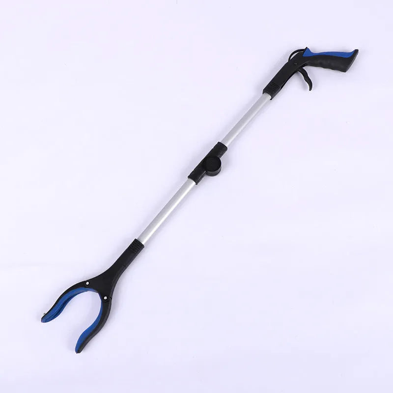 Foldable aluminium rubbish clamp with magnet, shown extended to 80cm and folded to 42cm with blue handle
