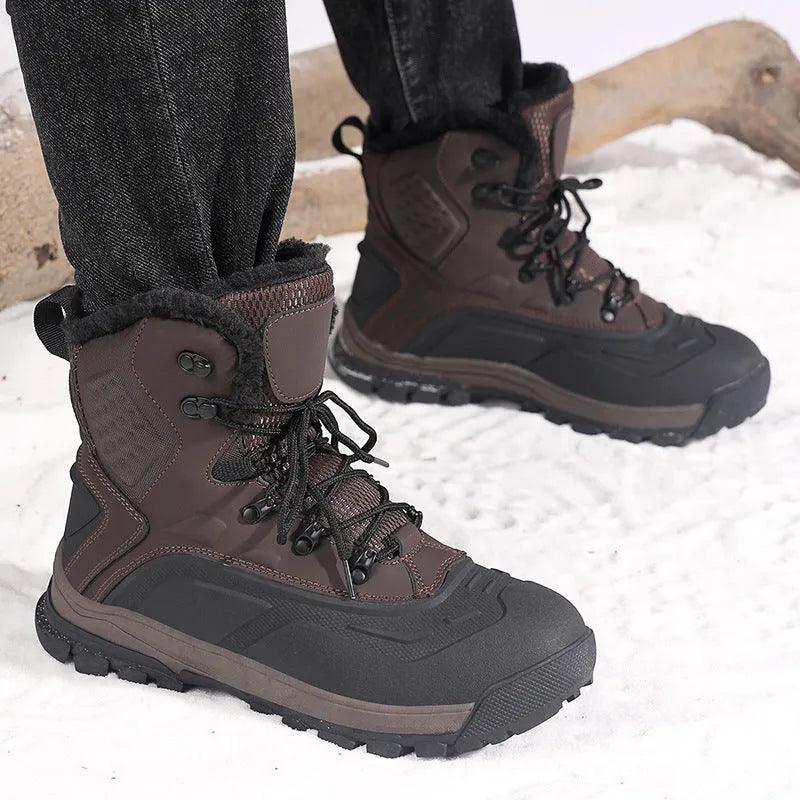 Men's black high-top lace-up winter boots with fleece lining, shown on a size 45 foot.