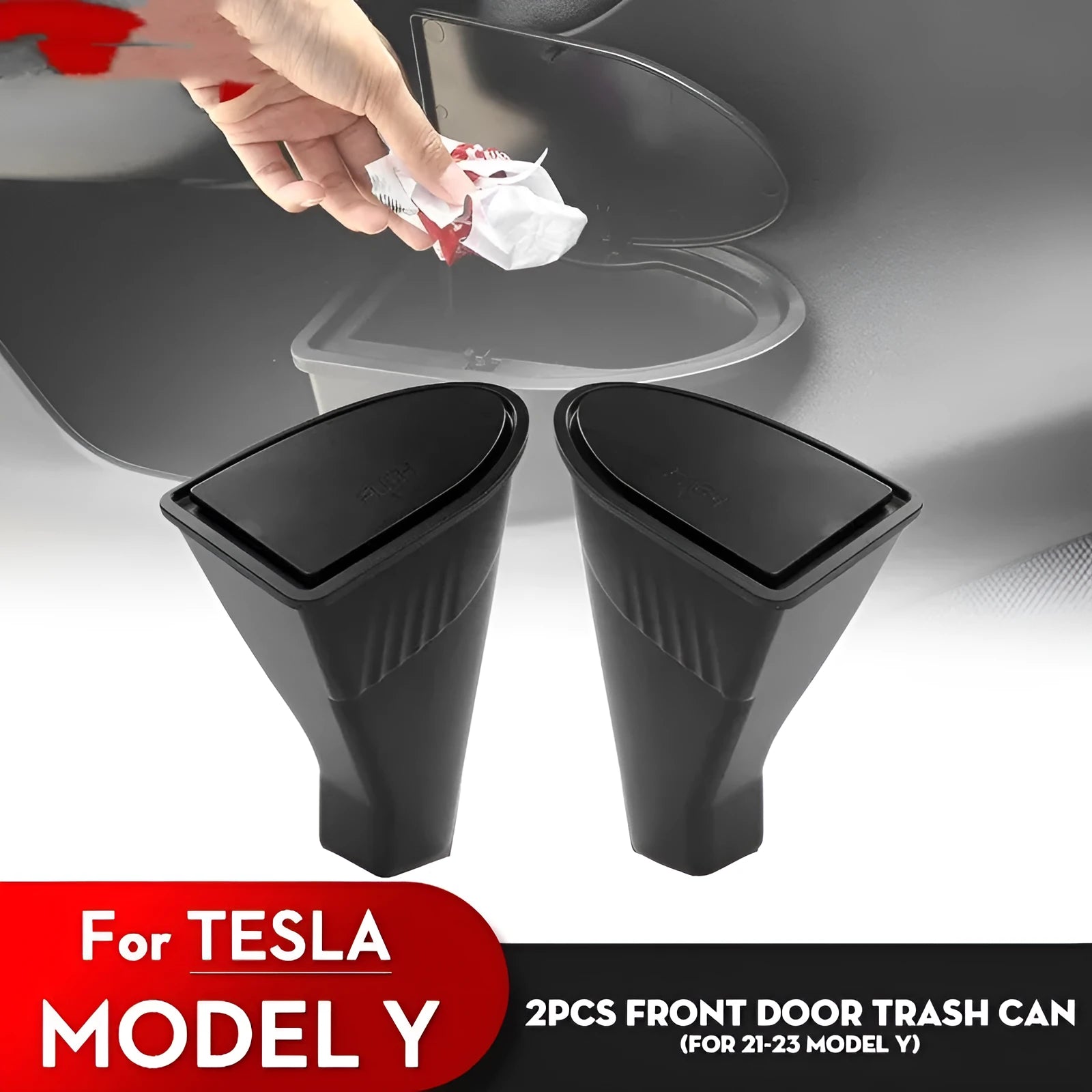 Black ABS plastic car door trash can designed for Tesla Model Y front door storage