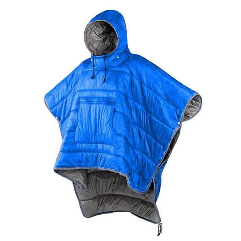 Grey outdoor cloak sleeping bag for adults showing wearable design and 200x140cm dimensions