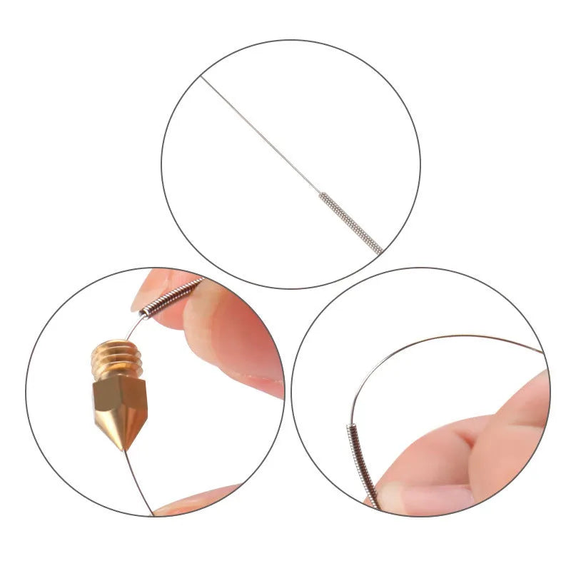 Ten metal cleaning needles for MK8 and E3D 3D printer nozzles in a pack.