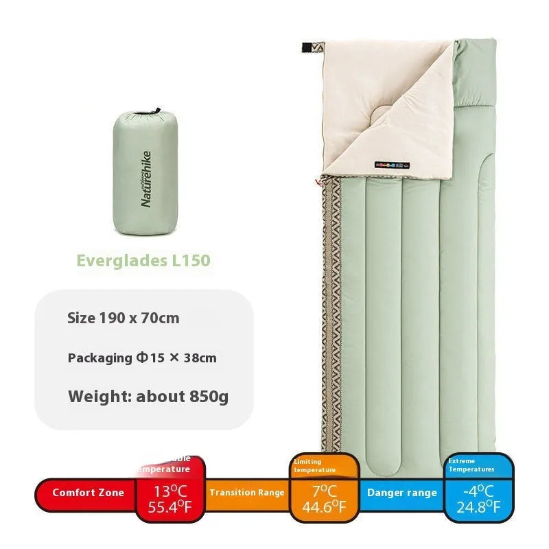 Four seasons portable camping sleeping bag for adults in Chunya fabric, shown in Swamp colour.